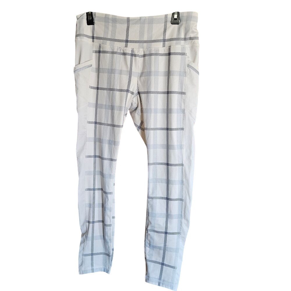 Avia Women's M‎ (8-10) Workout Leggings – White Plaid with Blue/Gray stripes